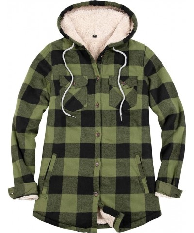 Womens Sherpa Lined Plaid Hooded Flannel Jacket with Hand Pockets Button Down Shirt Jackets Army Green $19.50 Jackets