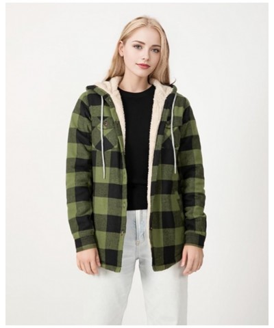 Womens Sherpa Lined Plaid Hooded Flannel Jacket with Hand Pockets Button Down Shirt Jackets Army Green $19.50 Jackets