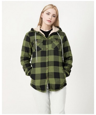 Womens Sherpa Lined Plaid Hooded Flannel Jacket with Hand Pockets Button Down Shirt Jackets Army Green $19.50 Jackets