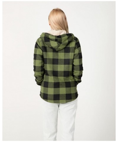 Womens Sherpa Lined Plaid Hooded Flannel Jacket with Hand Pockets Button Down Shirt Jackets Army Green $19.50 Jackets