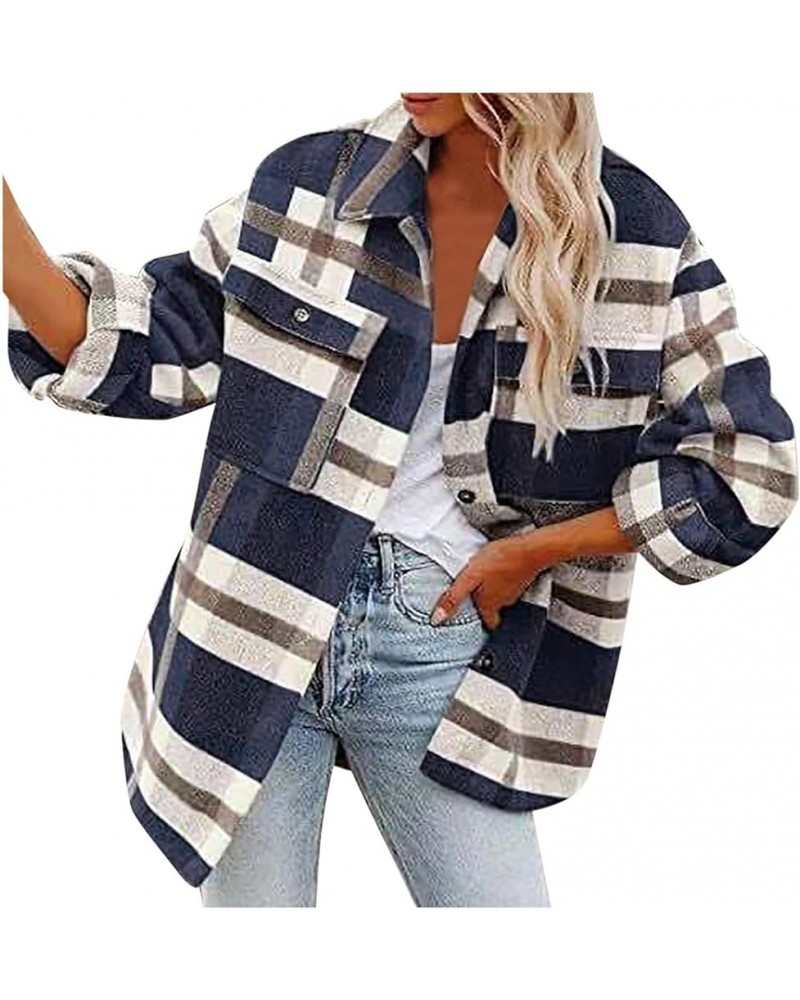 Women Plaid Shacket Jacket Casual Long Sleeve Button Down Shirt Chest Pocketed Shirts Light Weight Loose Jacket 2023 A03navy ...