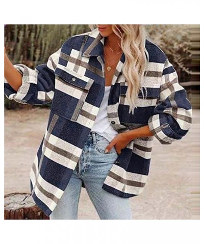 Women Plaid Shacket Jacket Casual Long Sleeve Button Down Shirt Chest Pocketed Shirts Light Weight Loose Jacket 2023 A03navy ...