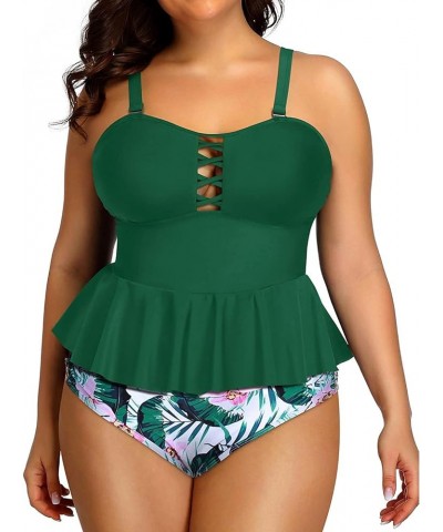 Plus Size Swimsuits for Women Tummy Control Two Piece Bathing Suits Peplum Tankini Tops High Waisted Swimwear Green Leaf $15....