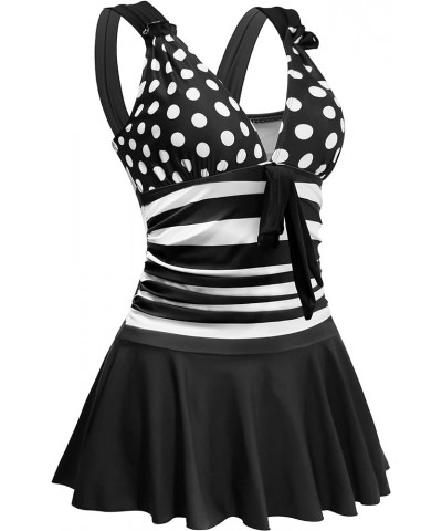 Swimwear One Piece Swimsuits Plus Size Swimming Dress for Women Tummy Control with Skirts Black-white Stripes $18.33 Others