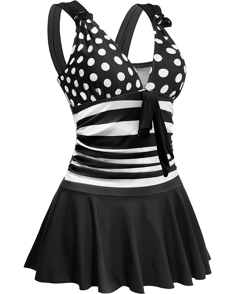 Swimwear One Piece Swimsuits Plus Size Swimming Dress for Women Tummy Control with Skirts Black-white Stripes $18.33 Others