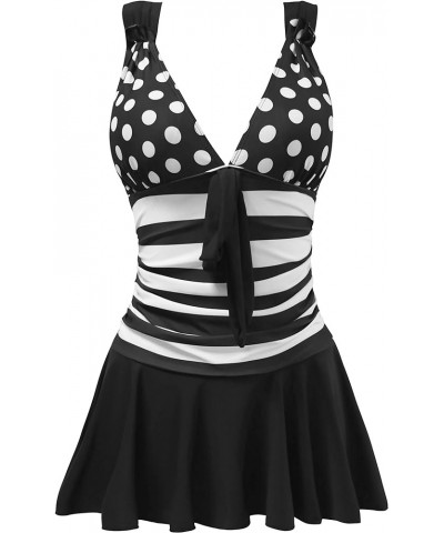 Swimwear One Piece Swimsuits Plus Size Swimming Dress for Women Tummy Control with Skirts Black-white Stripes $18.33 Others