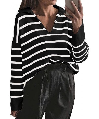 Women's Casual Striped Pullover Sweater Long Sleeve Polo V Neck Lightweight Loose Fit Drop Shoulder Knit Shirts Tops Black $1...