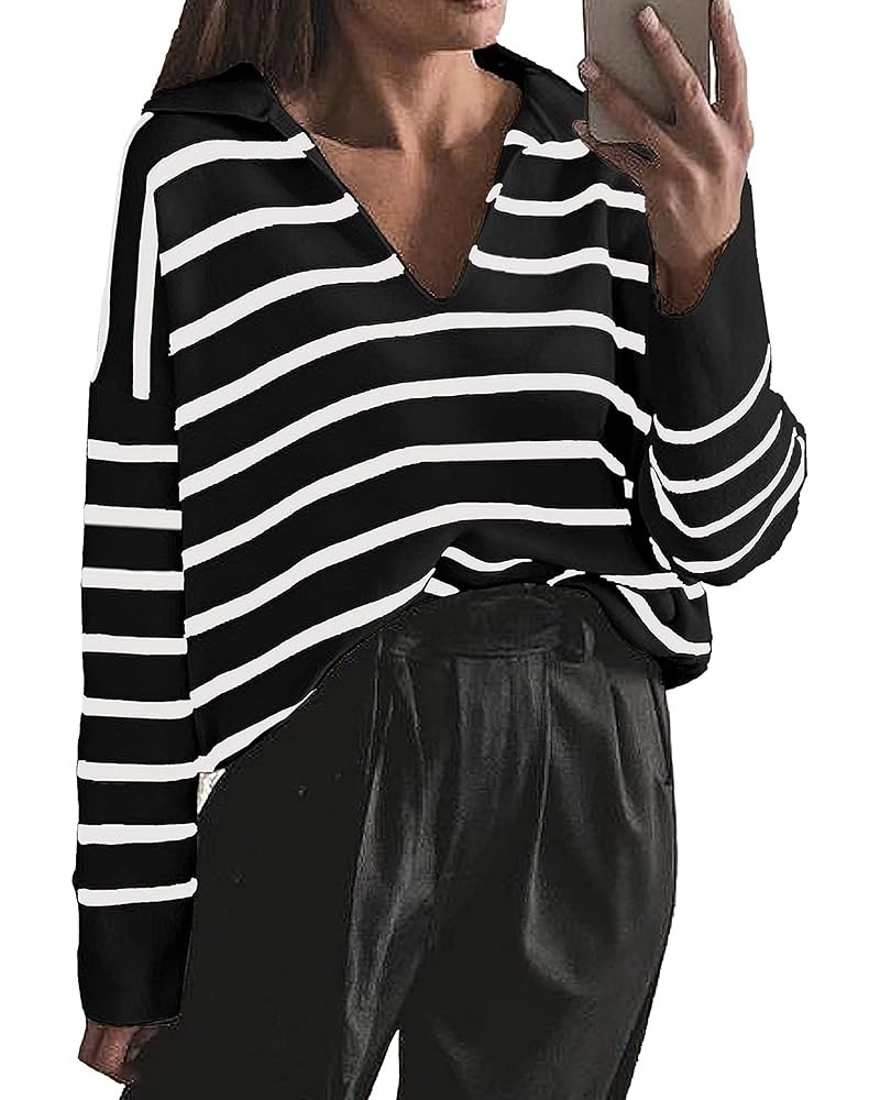 Women's Casual Striped Pullover Sweater Long Sleeve Polo V Neck Lightweight Loose Fit Drop Shoulder Knit Shirts Tops Black $1...