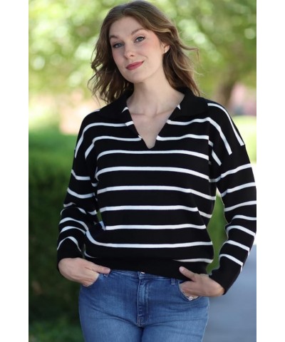 Women's Casual Striped Pullover Sweater Long Sleeve Polo V Neck Lightweight Loose Fit Drop Shoulder Knit Shirts Tops Black $1...