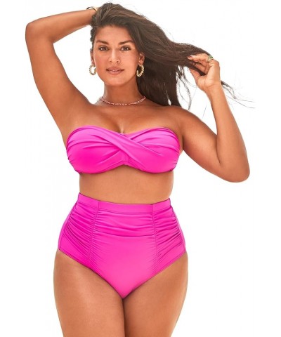 Women's Plus Size Valentine Ruched Bandeau High Waist Bikini Set Very Fuchsia $26.47 Swimsuits