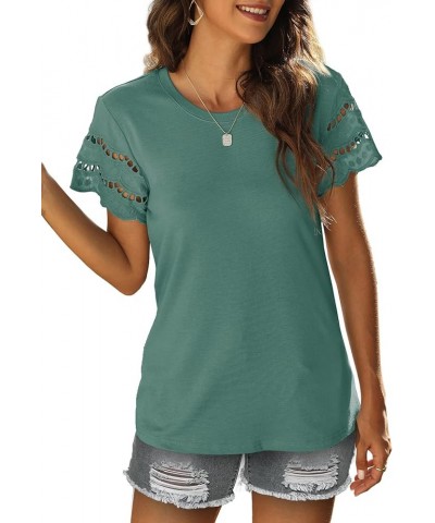 Women Lace Short Sleeve Shirts Dressy Casual Tops Summer Tee Shirt Crewneck Lightgreen $12.60 T-Shirts