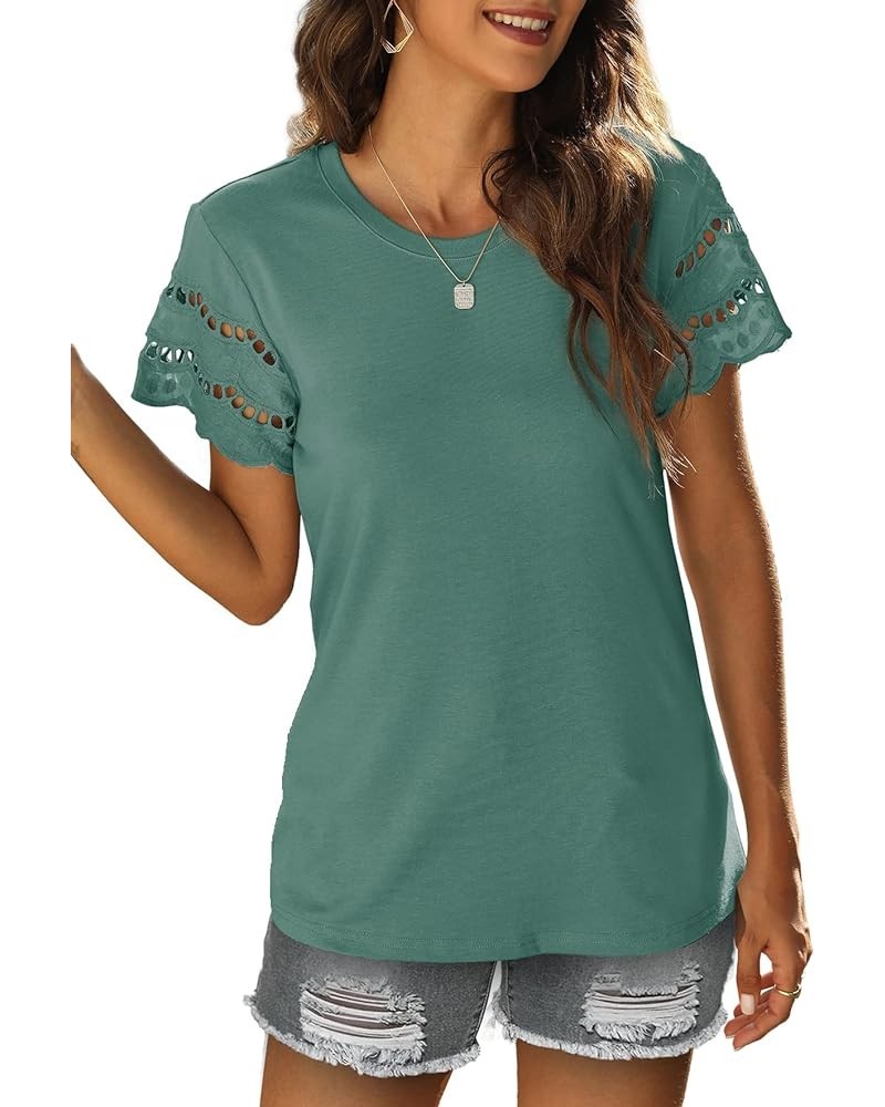 Women Lace Short Sleeve Shirts Dressy Casual Tops Summer Tee Shirt Crewneck Lightgreen $12.60 T-Shirts