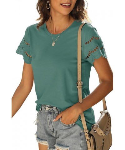 Women Lace Short Sleeve Shirts Dressy Casual Tops Summer Tee Shirt Crewneck Lightgreen $12.60 T-Shirts