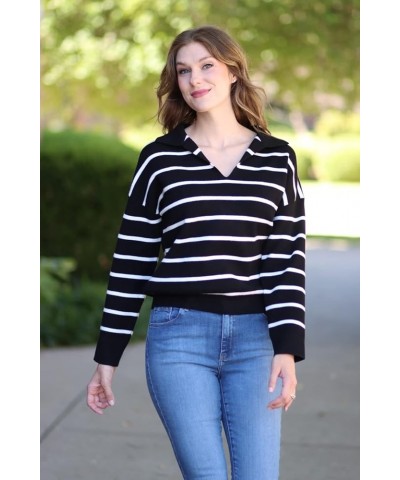 Women's Casual Striped Pullover Sweater Long Sleeve Polo V Neck Lightweight Loose Fit Drop Shoulder Knit Shirts Tops Black $1...