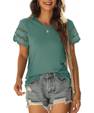 Women Lace Short Sleeve Shirts Dressy Casual Tops Summer Tee Shirt Crewneck Lightgreen $12.60 T-Shirts