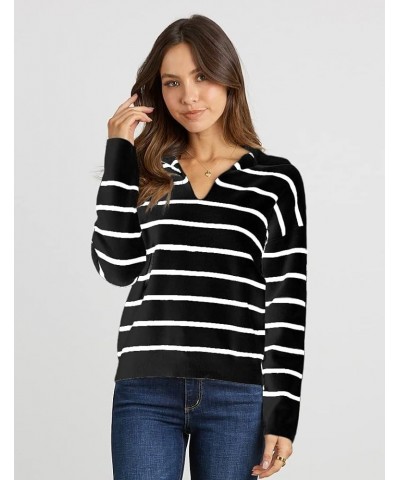 Women's Casual Striped Pullover Sweater Long Sleeve Polo V Neck Lightweight Loose Fit Drop Shoulder Knit Shirts Tops Black $1...