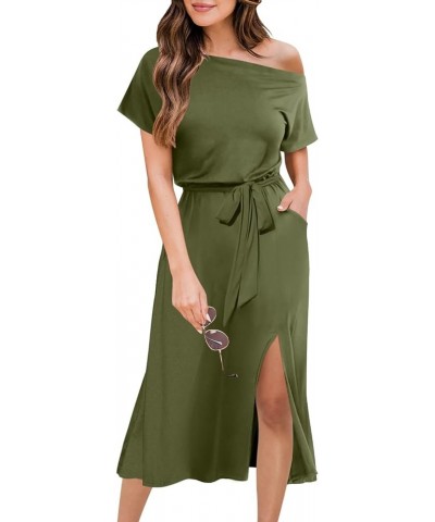 Womens Summer Dress Off Shoulder Short Sleeve Tie Waist Slit Midi Dress with Pocket 03 Amy Green $25.19 Dresses