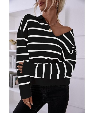 Women's Casual Striped Pullover Sweater Long Sleeve Polo V Neck Lightweight Loose Fit Drop Shoulder Knit Shirts Tops Black $1...