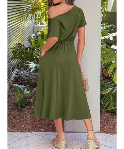 Womens Summer Dress Off Shoulder Short Sleeve Tie Waist Slit Midi Dress with Pocket 03 Amy Green $25.19 Dresses