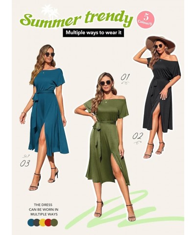 Womens Summer Dress Off Shoulder Short Sleeve Tie Waist Slit Midi Dress with Pocket 03 Amy Green $25.19 Dresses