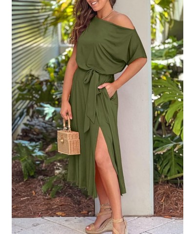 Womens Summer Dress Off Shoulder Short Sleeve Tie Waist Slit Midi Dress with Pocket 03 Amy Green $25.19 Dresses