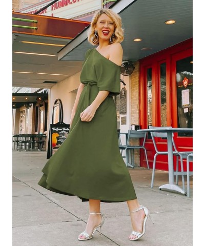 Womens Summer Dress Off Shoulder Short Sleeve Tie Waist Slit Midi Dress with Pocket 03 Amy Green $25.19 Dresses