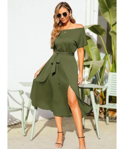 Womens Summer Dress Off Shoulder Short Sleeve Tie Waist Slit Midi Dress with Pocket 03 Amy Green $25.19 Dresses