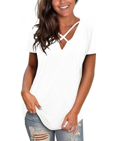 Womens T Shirts 2024 Summer Tops Loose Short Sleeve Tee Casual Basic V Neck Tunics Low Cut Sexy Criss Cross Cute T White $14....