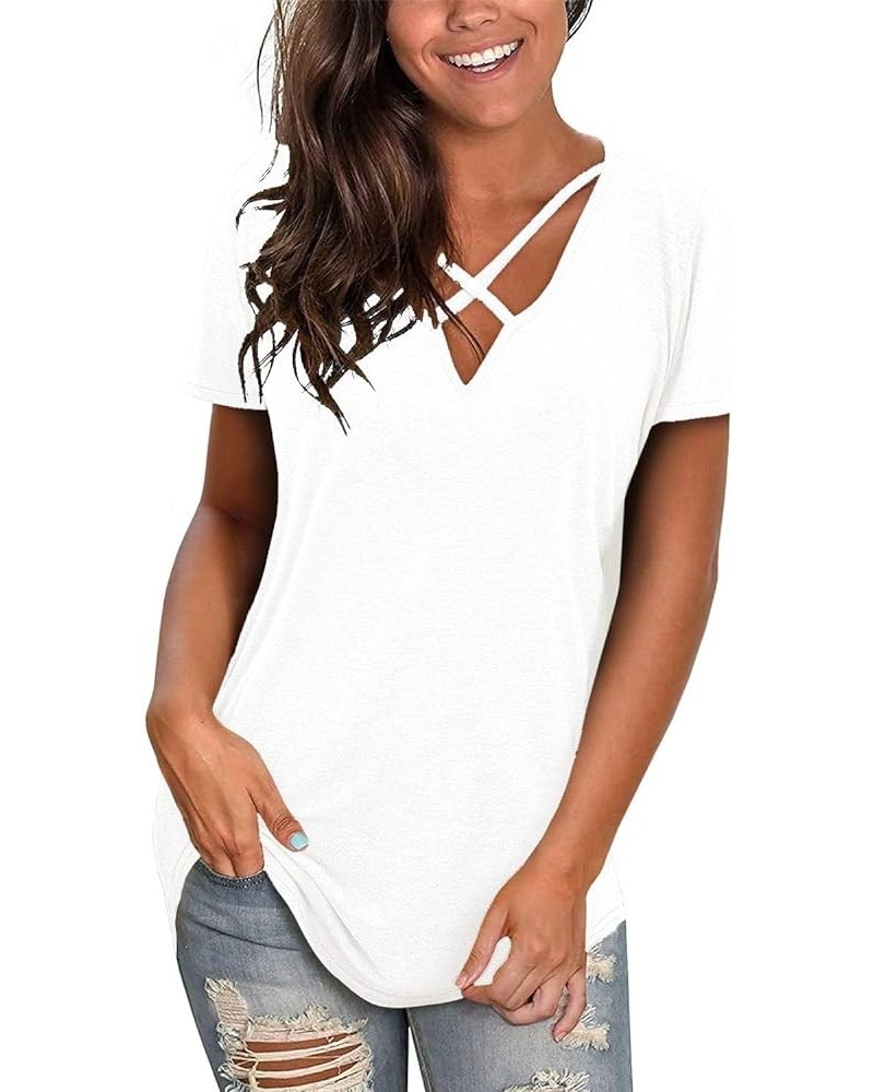 Womens T Shirts 2024 Summer Tops Loose Short Sleeve Tee Casual Basic V Neck Tunics Low Cut Sexy Criss Cross Cute T White $14....