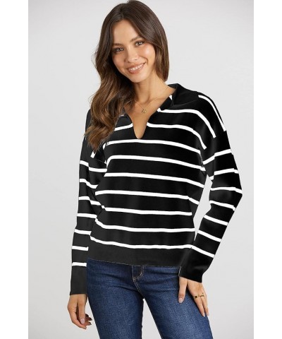 Women's Casual Striped Pullover Sweater Long Sleeve Polo V Neck Lightweight Loose Fit Drop Shoulder Knit Shirts Tops Black $1...