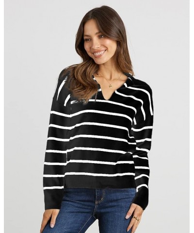 Women's Casual Striped Pullover Sweater Long Sleeve Polo V Neck Lightweight Loose Fit Drop Shoulder Knit Shirts Tops Black $1...