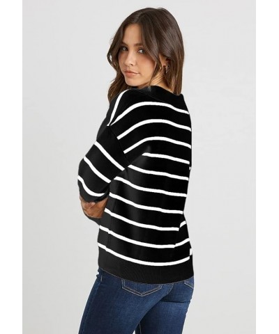 Women's Casual Striped Pullover Sweater Long Sleeve Polo V Neck Lightweight Loose Fit Drop Shoulder Knit Shirts Tops Black $1...