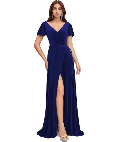 Women's Short Sleeves Bridesmaid Dresses V Neck Velvet Formal Party Dress with Slit BF51 Royal Blue $40.14 Dresses