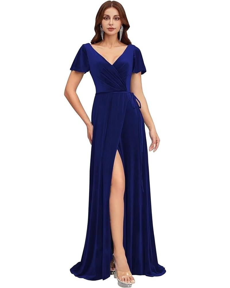 Women's Short Sleeves Bridesmaid Dresses V Neck Velvet Formal Party Dress with Slit BF51 Royal Blue $40.14 Dresses