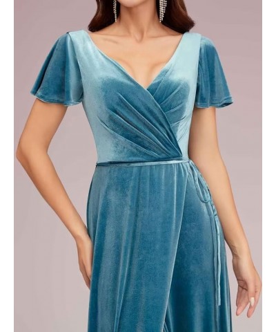 Women's Short Sleeves Bridesmaid Dresses V Neck Velvet Formal Party Dress with Slit BF51 Royal Blue $40.14 Dresses