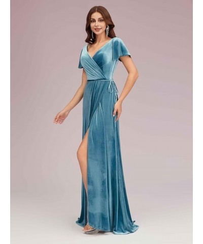 Women's Short Sleeves Bridesmaid Dresses V Neck Velvet Formal Party Dress with Slit BF51 Royal Blue $40.14 Dresses