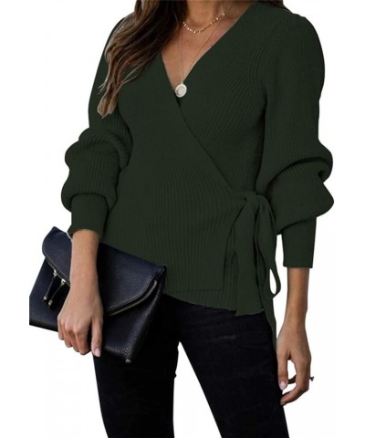 Women's 2024 Fall Winter Wrap V Neck Sweater Balloon Sleeves Ribbed Knitted Pullover Tie Front Tunic Top Jumper Army Green $1...