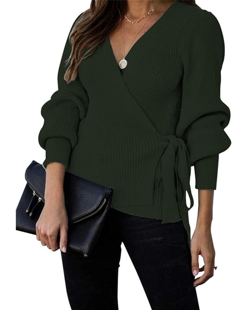 Women's 2024 Fall Winter Wrap V Neck Sweater Balloon Sleeves Ribbed Knitted Pullover Tie Front Tunic Top Jumper Army Green $1...