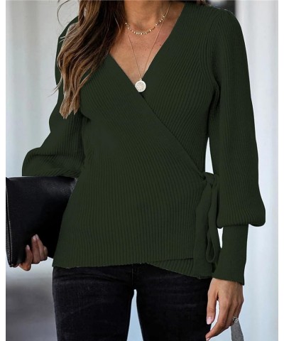 Women's 2024 Fall Winter Wrap V Neck Sweater Balloon Sleeves Ribbed Knitted Pullover Tie Front Tunic Top Jumper Army Green $1...