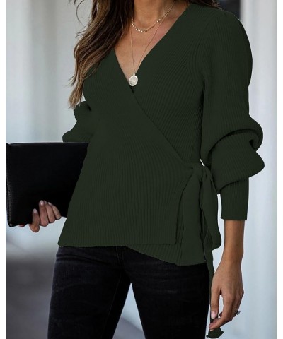 Women's 2024 Fall Winter Wrap V Neck Sweater Balloon Sleeves Ribbed Knitted Pullover Tie Front Tunic Top Jumper Army Green $1...