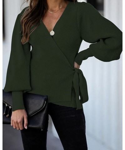 Women's 2024 Fall Winter Wrap V Neck Sweater Balloon Sleeves Ribbed Knitted Pullover Tie Front Tunic Top Jumper Army Green $1...