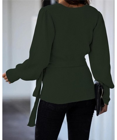 Women's 2024 Fall Winter Wrap V Neck Sweater Balloon Sleeves Ribbed Knitted Pullover Tie Front Tunic Top Jumper Army Green $1...