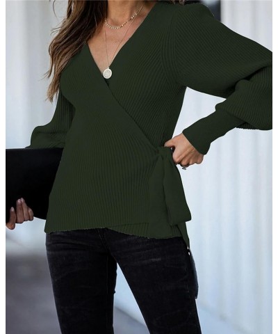 Women's 2024 Fall Winter Wrap V Neck Sweater Balloon Sleeves Ribbed Knitted Pullover Tie Front Tunic Top Jumper Army Green $1...