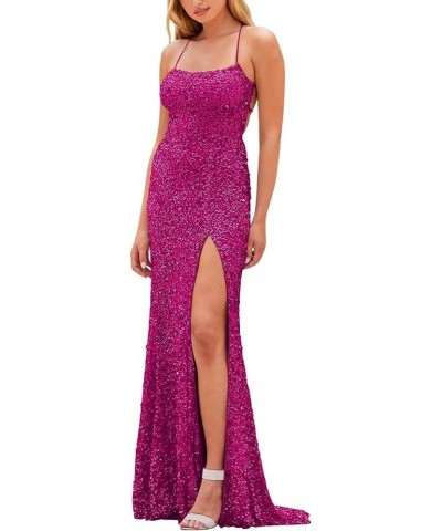 Women's Sequin Prom Dresses with Slit Mermaid Sparkly Glitter Evening Gown Spaghetti Straps Long Formal Dress Plus Size Fuchs...