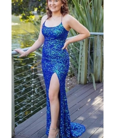 Women's Sequin Prom Dresses with Slit Mermaid Sparkly Glitter Evening Gown Spaghetti Straps Long Formal Dress Plus Size Fuchs...