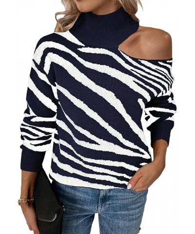 Women's Mock Neck Off One Shoulder Sweater Tiger Stripe Print Color Block Chunky Knit Fall Pullover Tops Dark Blue $13.86 Swe...