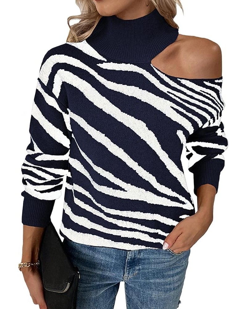 Women's Mock Neck Off One Shoulder Sweater Tiger Stripe Print Color Block Chunky Knit Fall Pullover Tops Dark Blue $13.86 Swe...