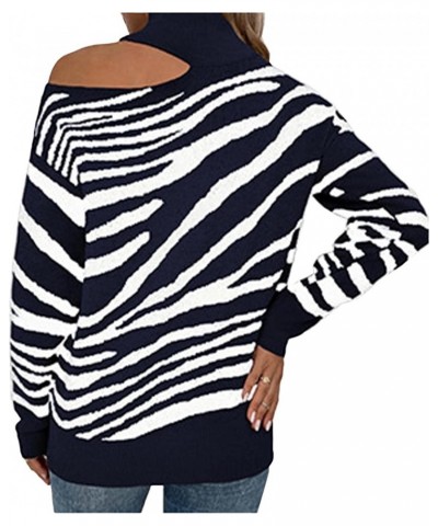 Women's Mock Neck Off One Shoulder Sweater Tiger Stripe Print Color Block Chunky Knit Fall Pullover Tops Dark Blue $13.86 Swe...