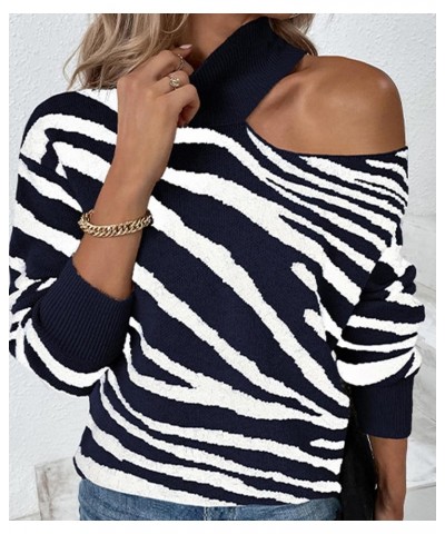 Women's Mock Neck Off One Shoulder Sweater Tiger Stripe Print Color Block Chunky Knit Fall Pullover Tops Dark Blue $13.86 Swe...