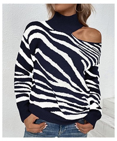 Women's Mock Neck Off One Shoulder Sweater Tiger Stripe Print Color Block Chunky Knit Fall Pullover Tops Dark Blue $13.86 Swe...